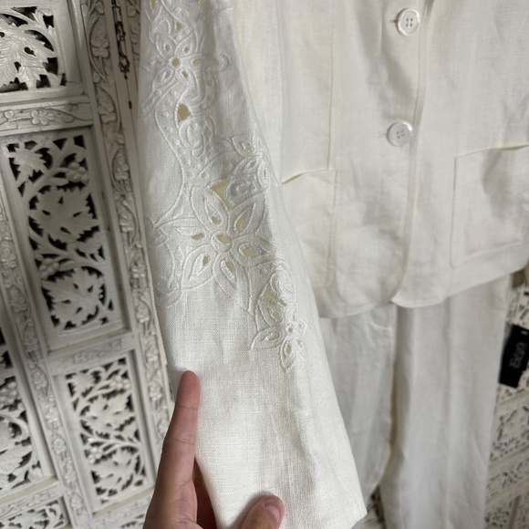 NWT Kasper 2-Piece 100% Linen Cream Ivory Embroidered Cut Out Suit Blazer Set - Picture 2 of 13